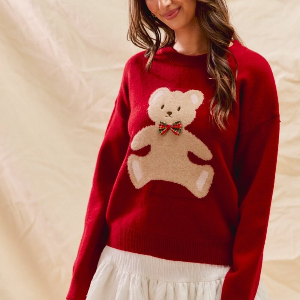 Red Teddy Bear Christmas Sweater w Checkered Bow, Cozy, S-XL
